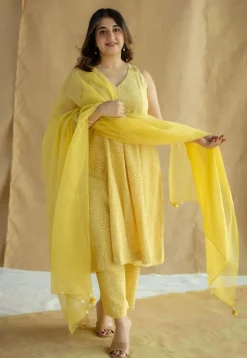 Aziza Mustard Hand Block Print Slub Cotton A Line Kurta