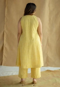 Aziza Mustard Hand Block Print Slub Cotton A Line Kurta