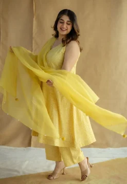 Aziza Mustard Hand Block Print Slub Cotton A Line Kurta