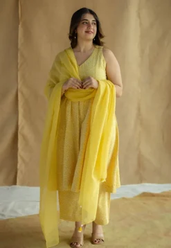 Aziza Mustard Hand Block Print Slub Cotton A Line Kurta