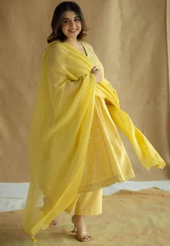 Aziza Mustard Hand Block Print Slub Cotton A Line Kurta