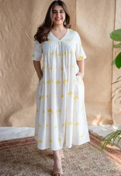 Azlin Dabu Slub Cotton Hand Embroidered Dress