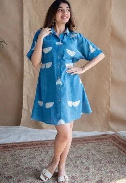Azrin Indigo Dabu Slub Cotton A Line Dress