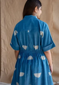 Azrin Indigo Dabu Slub Cotton A Line Dress