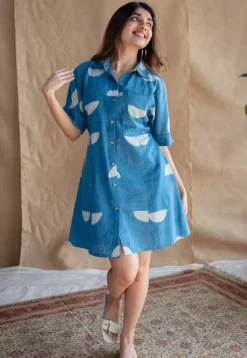Azrin Indigo Dabu Slub Cotton A Line Dress