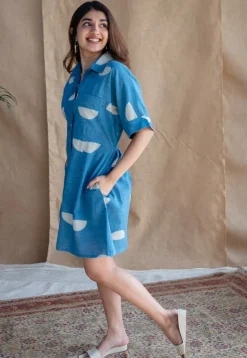 Azrin Indigo Dabu Slub Cotton A Line Dress
