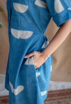 Azrin Indigo Dabu Slub Cotton A Line Dress