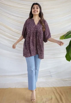Binita Wine Ajrakh Modal Silk Loose Short Top