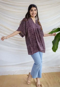 Binita Wine Ajrakh Modal Silk Loose Short Top
