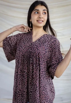 Binita Wine Ajrakh Modal Silk Loose Short Top