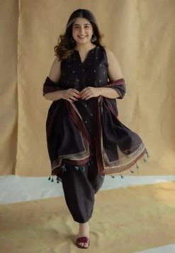 Black Ajrakh Chanderi Silk Dupatta with Embroidery