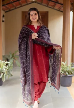 Black Floral Line Ajrakh Chanderi Silk Dupatta