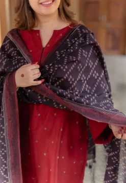 Black Floral Line Ajrakh Chanderi Silk Dupatta