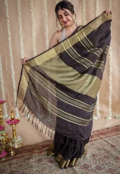 Black Linen Golden Zari Border Saree with Mukaish Detailing