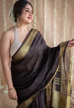 Black Linen Golden Zari Border Saree with Mukaish Detailing