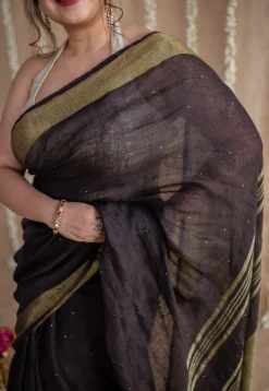 Black Linen Golden Zari Border Saree with Mukaish Detailing