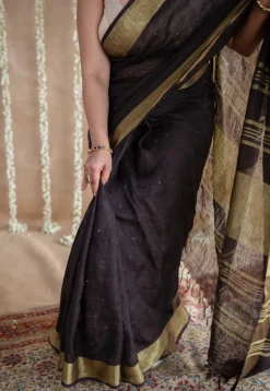 Black Linen Golden Zari Border Saree with Mukaish Detailing
