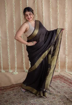 Black Linen Golden Zari Border Saree with Mukaish Detailing