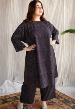 Bombay Charcoal Ajrakh Cotton Loose Kurta with Hand Embroidery