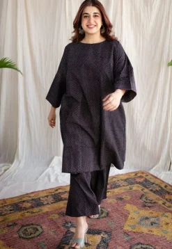 Bombay Charcoal Ajrakh Cotton Loose Kurta with Hand Embroidery