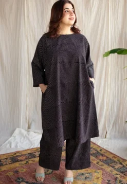 Bombay Charcoal Ajrakh Cotton Loose Kurta with Hand Embroidery
