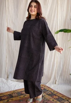 Bombay Charcoal Ajrakh Cotton Loose Kurta with Hand Embroidery