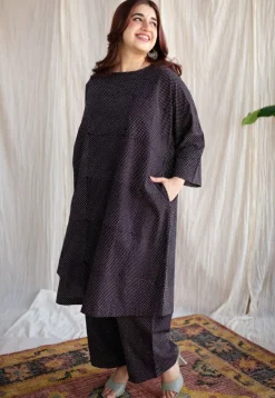 Bombay Charcoal Ajrakh Cotton Loose Kurta with Hand Embroidery