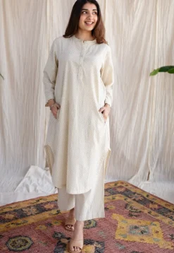 Bombay Off White Ajrakh Cotton Loose Kurta with Hand Embroidery