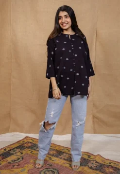 Charvi Black Ajrakh Cotton Straight Short Top