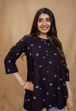 Charvi Black Ajrakh Cotton Straight Short Top