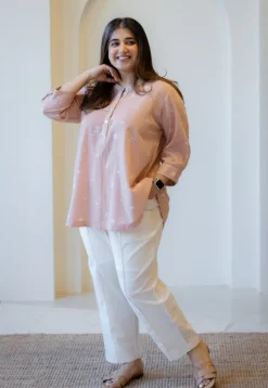 Daisy Peach Hand Block Print Slub Cotton A Line Short Top with Hand Embroidery