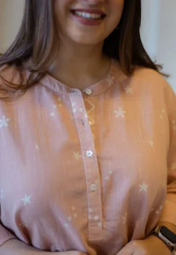 Daisy Peach Hand Block Print Slub Cotton A Line Short Top with Hand Embroidery