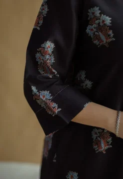 Daksha Black Ajrakh Chanderi Silk A Line Kurta with Hand Embroidery
