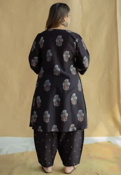 Daksha Black Ajrakh Chanderi Silk A Line Kurta with Hand Embroidery