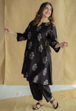 Daksha Black Ajrakh Chanderi Silk A Line Kurta with Hand Embroidery