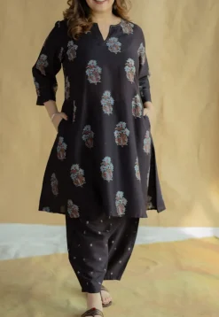 Daksha Black Ajrakh Chanderi Silk A Line Kurta with Hand Embroidery