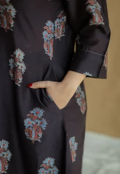 Daksha Black Ajrakh Chanderi Silk A Line Kurta with Hand Embroidery