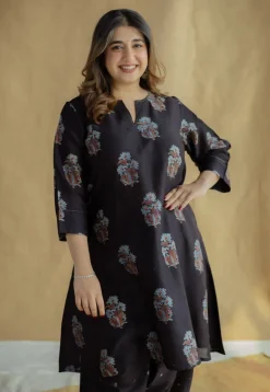 Daksha Black Ajrakh Chanderi Silk A Line Kurta with Hand Embroidery