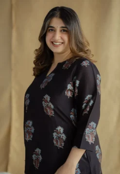 Daksha Black Ajrakh Chanderi Silk A Line Kurta with Hand Embroidery