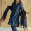 Daksha Dark Indigo Ajrakh Chanderi Silk A Line Kurta with Hand Embroidery