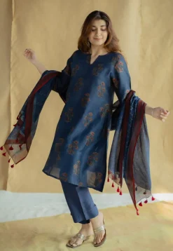 Daksha Dark Indigo Ajrakh Chanderi Silk A Line Kurta with Hand Embroidery