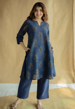 Daksha Dark Indigo Ajrakh Chanderi Silk A Line Kurta with Hand Embroidery