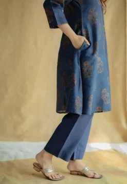 Daksha Dark Indigo Ajrakh Chanderi Silk A Line Kurta with Hand Embroidery