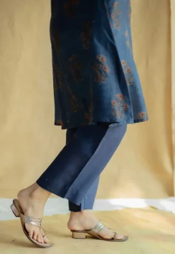 Daksha Dark Indigo Ajrakh Chanderi Silk A Line Kurta with Hand Embroidery