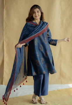Daksha Dark Indigo Ajrakh Chanderi Silk A Line Kurta with Hand Embroidery