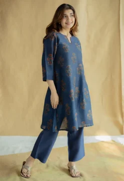 Daksha Dark Indigo Ajrakh Chanderi Silk A Line Kurta with Hand Embroidery