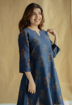 Daksha Dark Indigo Ajrakh Chanderi Silk A Line Kurta with Hand Embroidery