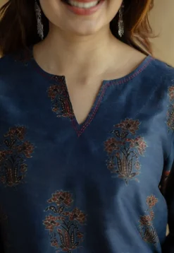 Daksha Dark Indigo Ajrakh Chanderi Silk A Line Kurta with Hand Embroidery