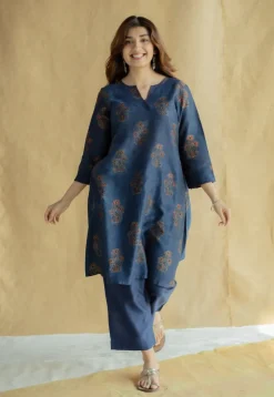 Daksha Dark Indigo Ajrakh Chanderi Silk A Line Kurta with Hand Embroidery