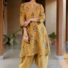 Daksha Mustard Ajrakh Chanderi Silk A Line Kurta with Hand Embroidery